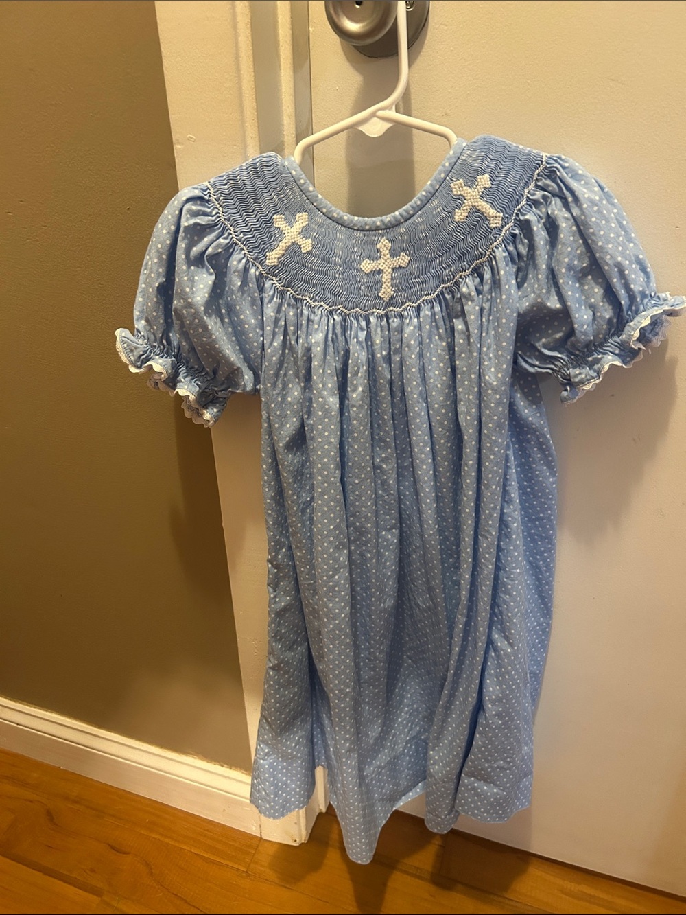 Barefoot Blue Polka Dot Smocked Girls' Formal Dress with Cross Embroidery/ 3T